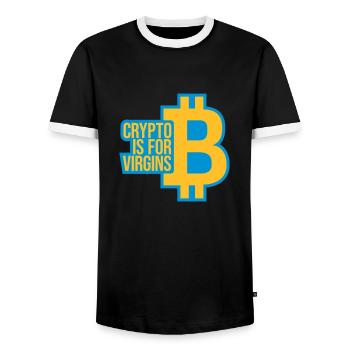 crypto is for virgins - Männer Kontrast-T-Shirt - Schwarz/Weiß - Vorne - AI Model Female 172 light (172cm) & AI Model Male 178 light (178cm)
