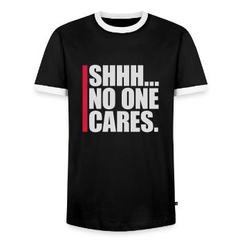 shhh no one cares - Men's Ringer Shirt - black/white - Front - AI Model Female 172 light (172cm) & AI Model Male 178 light (178cm)