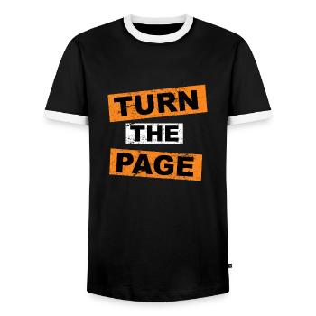Turn the Page saying lettering - Men's Ringer Shirt - black/white - Front - AI Model Female 172 light (172cm) & AI Model Male 178 light (178cm)