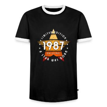 A Star was born 1987 original limited edition - Men's Ringer Shirt - black/white - Front - AI Model Female 172 light (172cm) & AI Model Male 178 light (178cm)