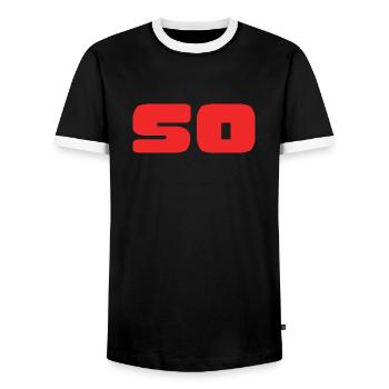 50. 50 YEARS. 50th ANNIVERSARY. BIRTHDAY 50 YEARS. - Men's Ringer Shirt - black/white - Front - AI Model Female 172 light (172cm) & AI Model Male 178 light (178cm)