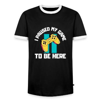 Ich unterbrach mein Spiel, um hier zu sein - Männer Kontrast-T-Shirt - Schwarz/Weiß - Vorne - AI Model Female 172 light (172cm) & AI Model Male 178 light (178cm)