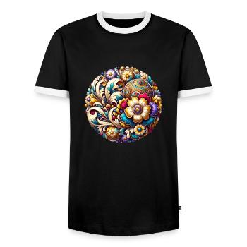 Oval Floral Blue and Pink Inspired Russian Art - Men's Ringer Shirt - black/white - Front - AI Model Female 172 light (172cm) & AI Model Male 178 light (178cm)