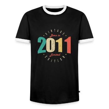 2011 Vintage Retro Anniversary Gift 2011 - Men's Ringer Shirt - black/white - Front - AI Model Female 172 light (172cm) & AI Model Male 178 light (178cm)