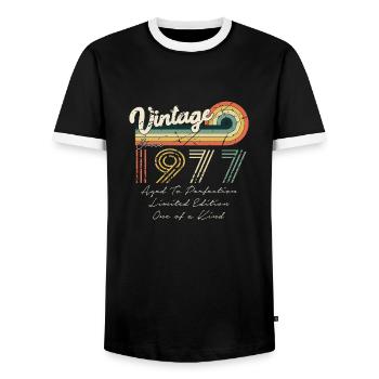 1977 Vintage Classic 1977 - Men's Ringer Shirt - black/white - Front - AI Model Female 172 light (172cm) & AI Model Male 178 light (178cm)
