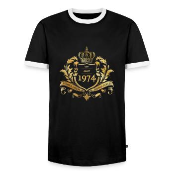 50th Birthday "Semper Verum - Established 05/1974 - Men's Ringer Shirt - black/white - Front - AI Model Female 172 light (172cm) & AI Model Male 178 light (178cm)