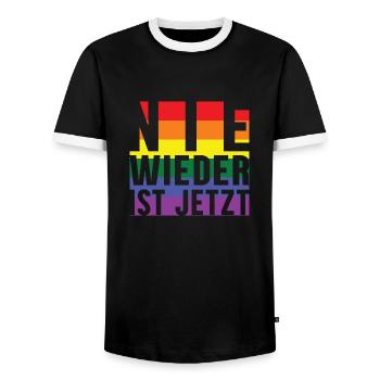 Never again lettering Pride - Men's Ringer Shirt - black/white - Front - AI Model Female 172 light (172cm) & AI Model Male 178 light (178cm)
