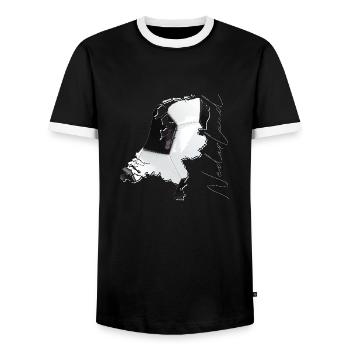 Netherlands | real football | Map NL - Men's Ringer Shirt - black/white - Front - AI Model Female 172 light (172cm) & AI Model Male 178 light (178cm)
