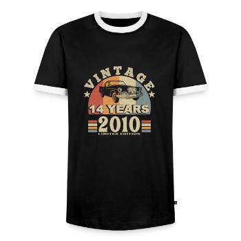 Vintage 2010 Born In 2010 14 Years Anniversary - Men's Ringer Shirt - black/white - Front - AI Model Female 172 light (172cm) & AI Model Male 178 light (178cm)