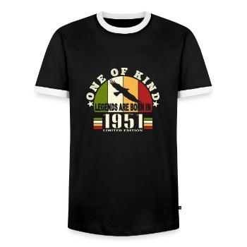 Legend Born 1951 Birthday 73 Years - Men's Ringer Shirt - black/white - Front - AI Model Female 172 light (172cm) & AI Model Male 178 light (178cm)