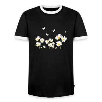 Flowers, Daisies and Butterflies - Men's Ringer Shirt - black/white - Front - AI Model Female 172 light (172cm) & AI Model Male 178 light (178cm)