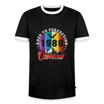Perfection 1989 -35th Anniversary,Original - Men's Ringer Shirt - black/white - Front - AI Model Female 172 light (172cm) & AI Model Male 178 light (178cm)