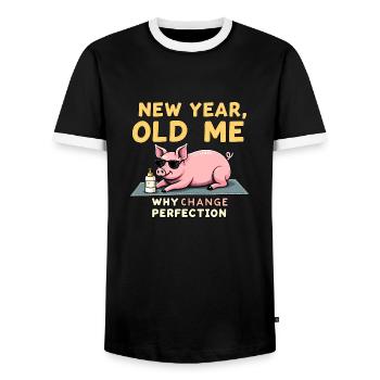 Funny Pig - New Year Design - Men's Ringer Shirt - black/white - Front - AI Model Female 172 light (172cm) & AI Model Male 178 light (178cm)