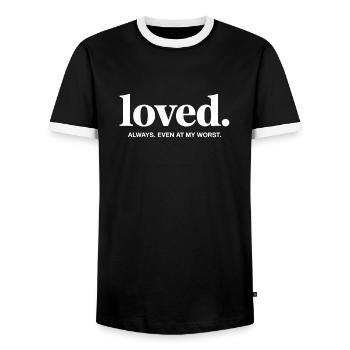 Bien-aimé. Toujours. Même dans mes pires moments - T-shirt contrasté Homme - noir/blanc - Devant - AI Model Female 172 light (172cm) & AI Model Male 178 light (178cm)