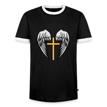 Holy Cross Jesus Christ Wings Angel Heaven - Men's Ringer Shirt - black/white - Front - AI Model Female 172 light (172cm) & AI Model Male 178 light (178cm)