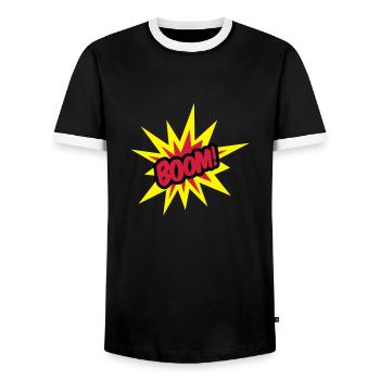 boom___f3 - Men's Ringer Shirt - black/white - Front - AI Model Female 172 light (172cm) & AI Model Male 178 light (178cm)