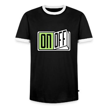 on off schalter taste button einschalten ausschalt - Männer Kontrast-T-Shirt - Schwarz/Weiß - Vorne - AI Model Female 172 light (172cm) & AI Model Male 178 light (178cm)