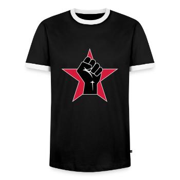 Raised Fist Logo 2 (Vector) - Men's Ringer Shirt - black/white - Front - AI Model Female 172 light (172cm) & AI Model Male 178 light (178cm)