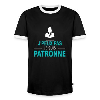 j'peux pas je suis patronne - Men's Ringer Shirt - black/white - Front - AI Model Female 172 light (172cm) & AI Model Male 178 light (178cm)