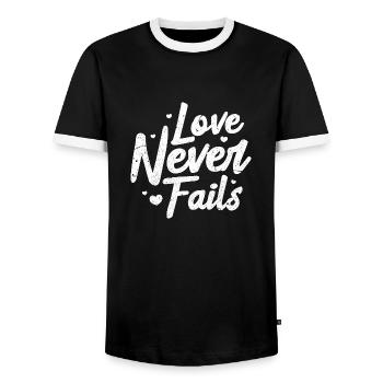 love never fails Design for a person in love - Männer Kontrast-T-Shirt - Schwarz/Weiß - Vorne - AI Model Female 172 light (172cm) & AI Model Male 178 light (178cm)