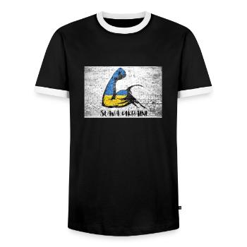 Slava Ukraini lettrage devise Ukraine muscles flexibles - T-shirt contrasté Homme - noir/blanc - Devant - AI Model Female 172 light (172cm) & AI Model Male 178 light (178cm)