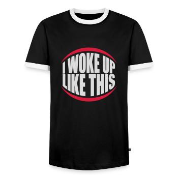 woke up like this - Men's Ringer Shirt - black/white - Front - AI Model Female 172 light (172cm) & AI Model Male 178 light (178cm)