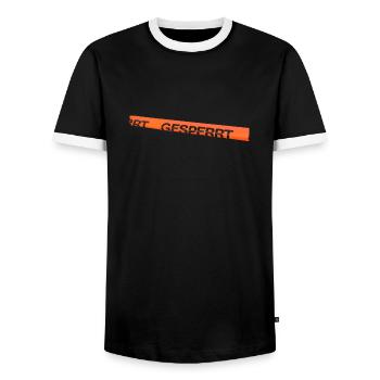Red barrier tape with no entry to the crime scene - Men's Ringer Shirt - black/white - Front - AI Model Female 172 light (172cm) & AI Model Male 178 light (178cm)