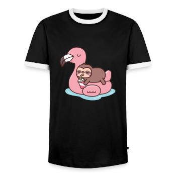 Chilling flamingo sloth beach T Shirt - Men's Ringer Shirt - black/white - Front - AI Model Female 172 light (172cm) & AI Model Male 178 light (178cm)