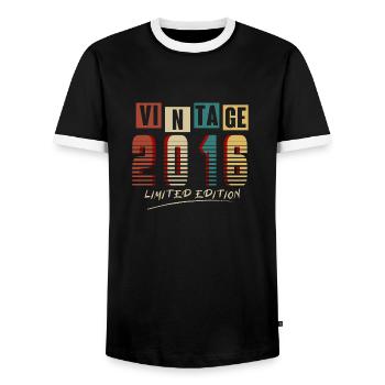 Jahrgang 2016: Limitierte Auflage - 9. Jubiläum. - Männer Kontrast-T-Shirt - Schwarz/Weiß - Vorne - AI Model Female 172 light (172cm) & AI Model Male 178 light (178cm)