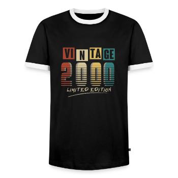 2000 Jahrgang 2000 geboren im Jahr 2000 Geburtstag. Jahr 2 - Männer Kontrast-T-Shirt - Schwarz/Weiß - Vorne - AI Model Female 172 light (172cm) & AI Model Male 178 light (178cm)