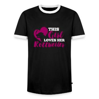 Dog / Rottweiler: This Girl Loves Her Rottweiler - Men's Ringer Shirt - black/white - Front - AI Model Female 172 light (172cm) & AI Model Male 178 light (178cm)