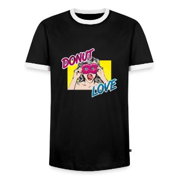 Popart - Donut Love - Zunge - Süßigkeit - Männer Kontrast-T-Shirt - Schwarz/Weiß - Vorne - AI Model Female 172 light (172cm) & AI Model Male 178 light (178cm)