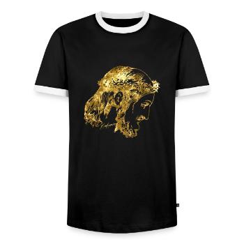 Jésus foi d'or - T-shirt contrasté Homme - noir/blanc - Devant - AI Model Female 172 light (172cm) & AI Model Male 178 light (178cm)