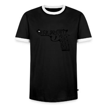 fuck society gun revolver gun - Men's Ringer Shirt - black/white - Front - AI Model Female 172 light (172cm) & AI Model Male 178 light (178cm)