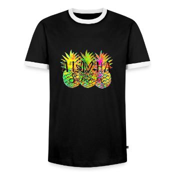 Aloha Hello Summer Tropical Pineapple Poster - Men's Ringer Shirt - black/white - Front - AI Model Female 172 light (172cm) & AI Model Male 178 light (178cm)