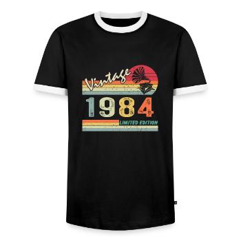 Vintage Gramophone 38th birthday 1984 38 years old - Men's Ringer Shirt - black/white - Front - AI Model Female 172 light (172cm) & AI Model Male 178 light (178cm)