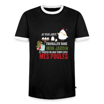 Travailler dans mon jardin avec mes poules - T-shirt contrasté Homme - noir/blanc - Devant - AI Model Female 172 light (172cm) & AI Model Male 178 light (178cm)