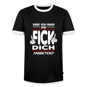 Darf ich ihnen das Fick Dich anbieten - Männer Kontrast-T-Shirt - Schwarz/Weiß - Vorne - AI Model Female 172 light (172cm) & AI Model Male 178 light (178cm)