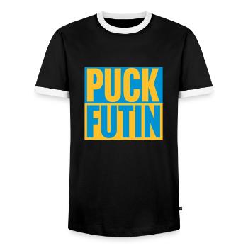puck futin logo design - Men's Ringer Shirt - black/white - Front - AI Model Female 172 light (172cm) & AI Model Male 178 light (178cm)