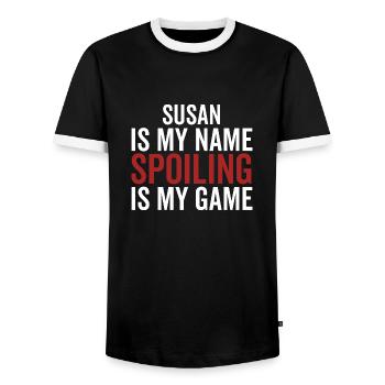 Susan ist mein Name Verderben ist mein Spiel - Männer Kontrast-T-Shirt - Schwarz/Weiß - Vorne - AI Model Female 172 light (172cm) & AI Model Male 178 light (178cm)