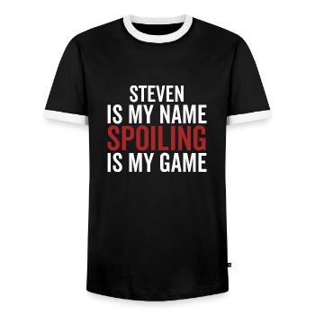 Steven is My Name Spoiling is My Game - Men's Ringer Shirt - black/white - Front - AI Model Female 172 light (172cm) & AI Model Male 178 light (178cm)