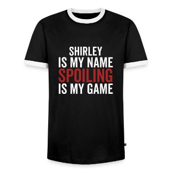 Shirley is My Name Spoiling is My Game - Men's Ringer Shirt - black/white - Front - AI Model Female 172 light (172cm) & AI Model Male 178 light (178cm)
