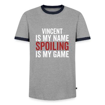 Vincent is My Name Spoiling is My Game - Men's Ringer Shirt - grey/navy  - Front - AI Model Female 172 light (172cm) & AI Model Male 178 light (178cm)
