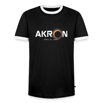 Akron Ohio 2024 Eclipse Souvenir April 8 - Men's Ringer Shirt - black/white - Front - AI Model Female 172 light (172cm) & AI Model Male 178 light (178cm)