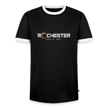 Rochester New York 2024 Eclipse Souvenir April 8 - Men's Ringer Shirt - black/white - Front - AI Model Female 172 light (172cm) & AI Model Male 178 light (178cm)