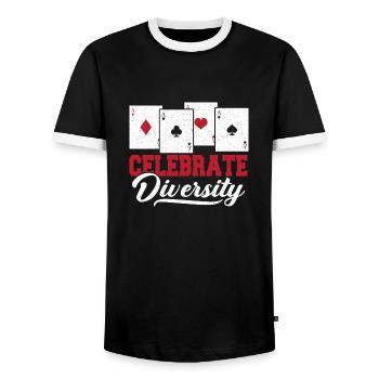 Celebrate Diversity Playing Cards Bluff Poker Card - Men's Ringer Shirt - black/white - Front - AI Model Female 172 light (172cm) & AI Model Male 178 light (178cm)