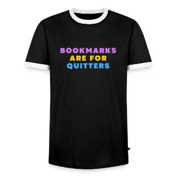 Bookmarks Are For Quitters - Funny Bookworm - Men's Ringer Shirt - black/white - Front - AI Model Female 172 light (172cm) & AI Model Male 178 light (178cm)