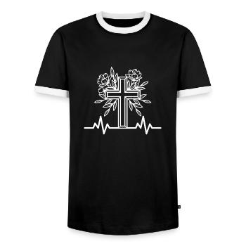 Heartbeat Cross Flowers Christian Motif - Men's Ringer Shirt - black/white - Front - AI Model Female 172 light (172cm) & AI Model Male 178 light (178cm)