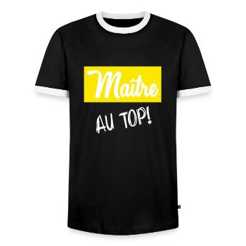 MASTER. MASTER. HUMOR - Men's Ringer Shirt - black/white - Front - AI Model Female 172 light (172cm) & AI Model Male 178 light (178cm)