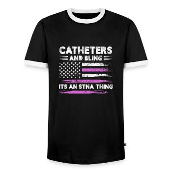 catheter and bling is an stna thing Design for a - Men's Ringer Shirt - black/white - Front - AI Model Female 172 light (172cm) & AI Model Male 178 light (178cm)